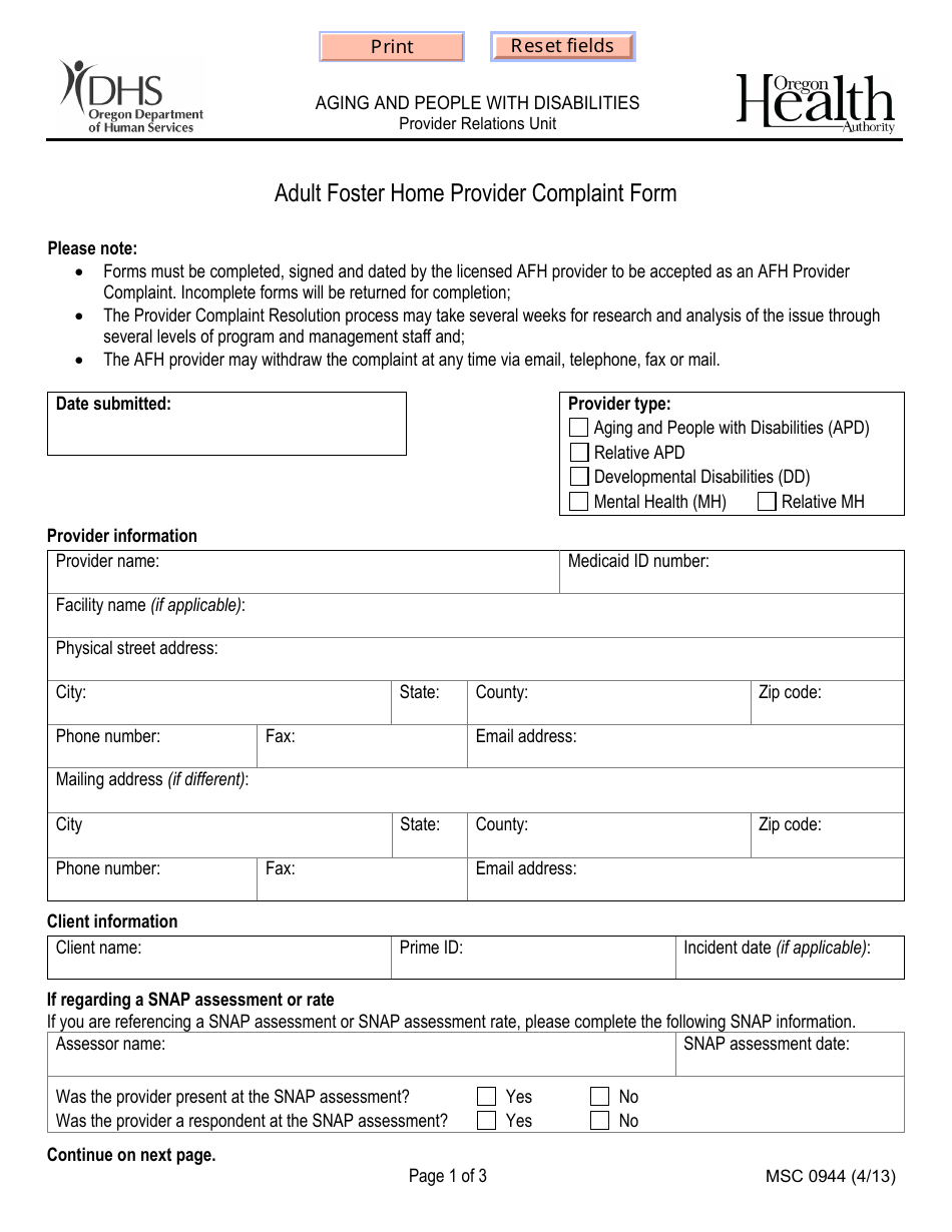 Form MSC0944 Adult Foster Home Provider Complaint Form - Oregon, Page 1