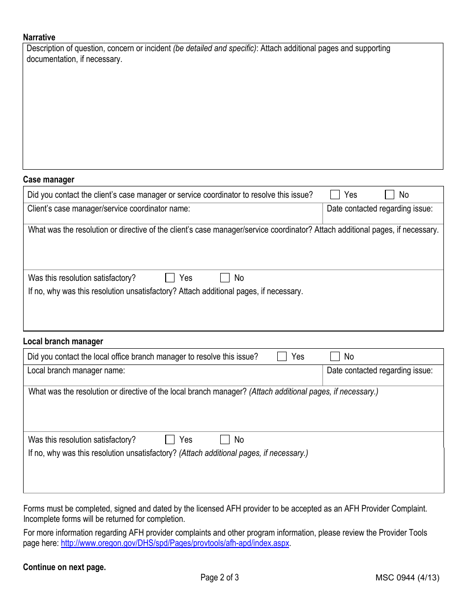 Form MSC0944 Adult Foster Home Provider Complaint Form - Oregon, Page 2