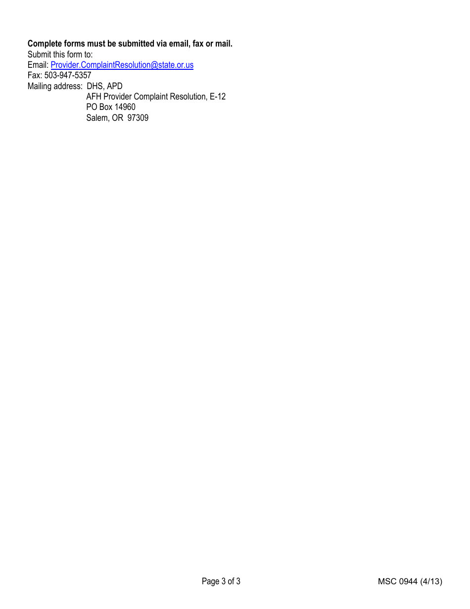 Form MSC0944 Adult Foster Home Provider Complaint Form - Oregon, Page 3