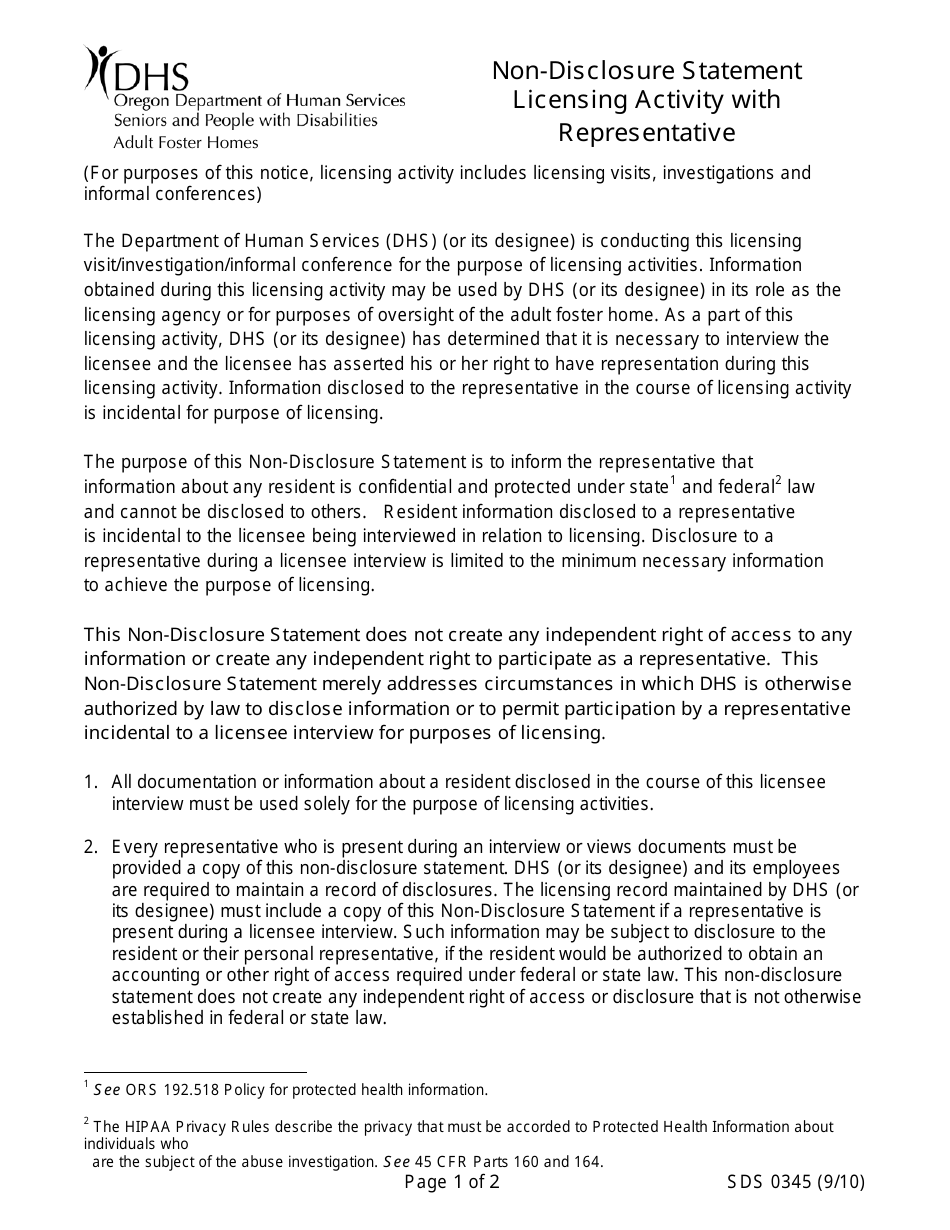Form SDS0345 Non-disclosure Statement Licensing Activity With Representative - Oregon, Page 1