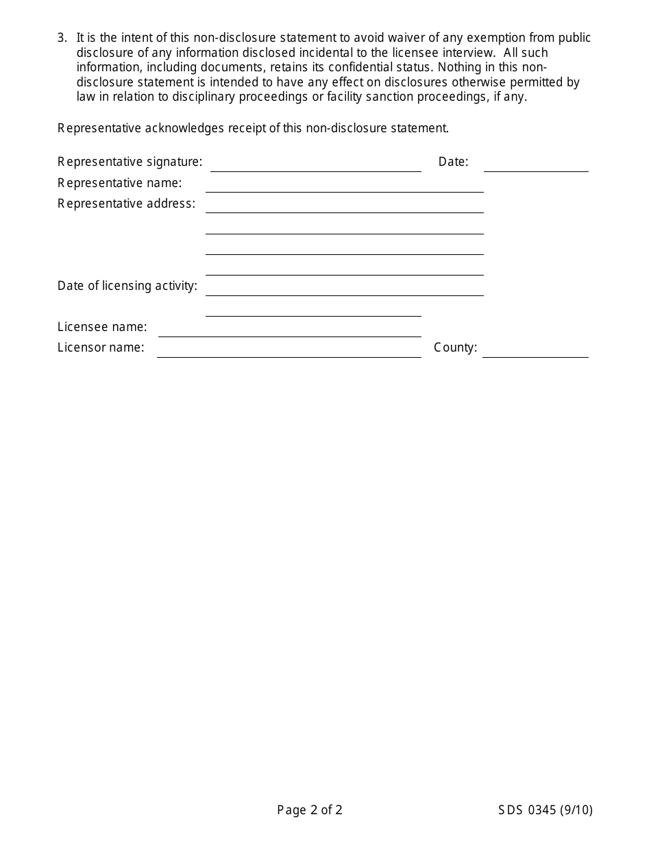 Form SDS0345 Non-disclosure Statement Licensing Activity With Representative - Oregon, Page 2