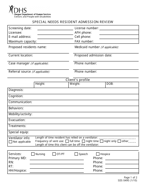 Form SDS0490 Special Needs Resident Admission Review - Oregon