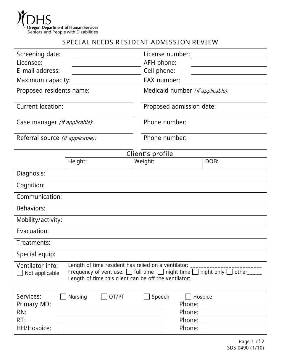 Form SDS0490 Special Needs Resident Admission Review - Oregon, Page 1