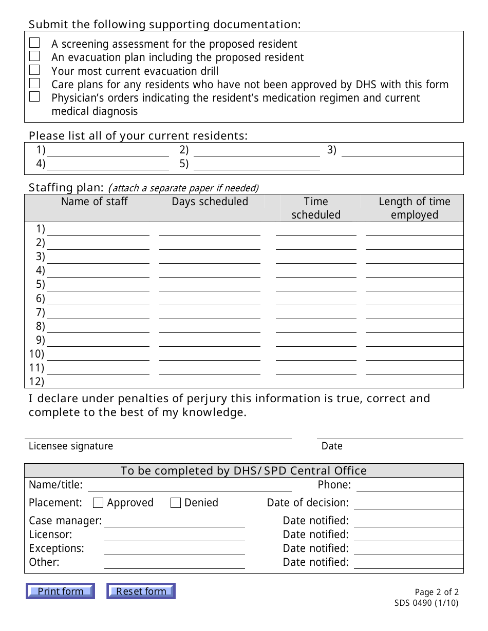Form SDS0490 Special Needs Resident Admission Review - Oregon, Page 2
