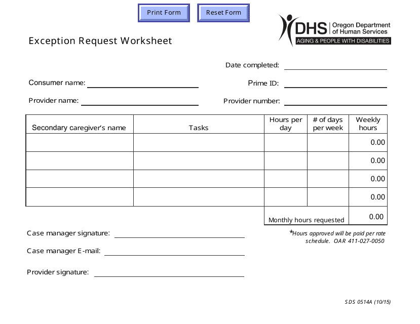 Form SDS0514A Exception Request Worksheet - Oregon