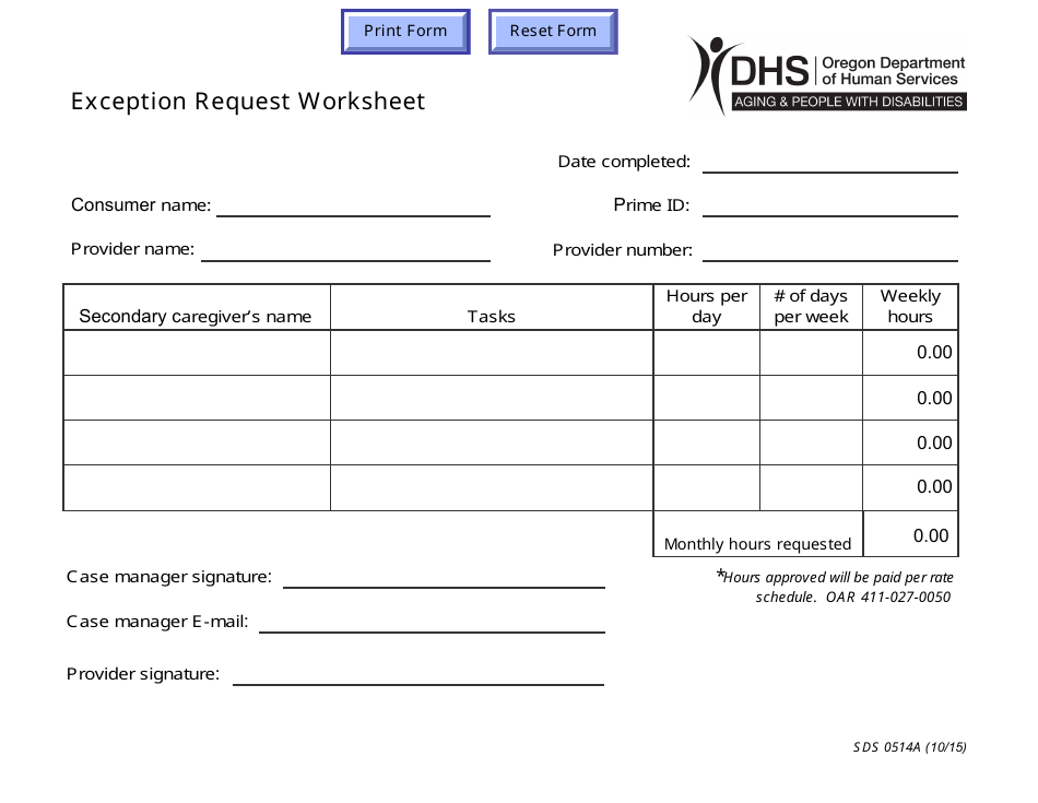Form SDS0514A Exception Request Worksheet - Oregon, Page 1
