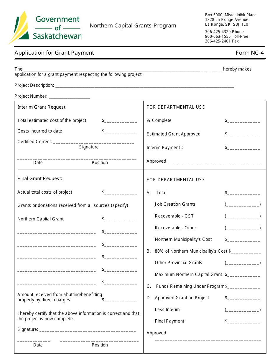 Form NC-4 Application for Grant Payment - Saskatchewan, Canada, Page 1