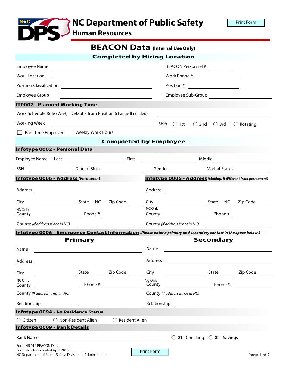 Form HR014 Beacon Data - North Carolina, Page 1