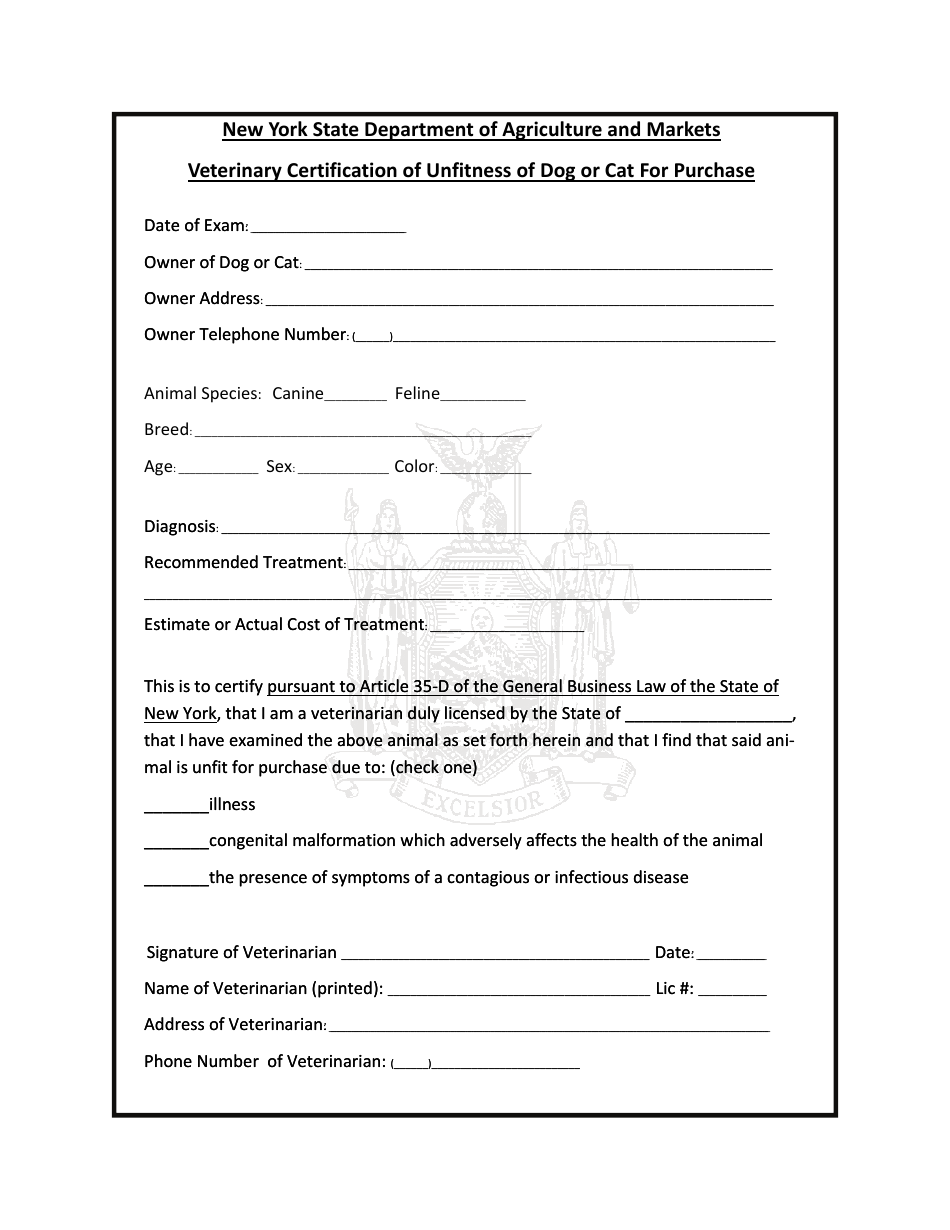 Veterinary Certification of Unfitness of Dog or Cat for Purchase - New York, Page 1