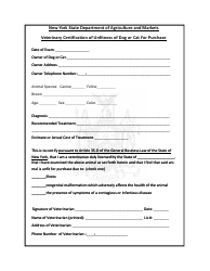 Document preview: Veterinary Certification of Unfitness of Dog or Cat for Purchase - New York
