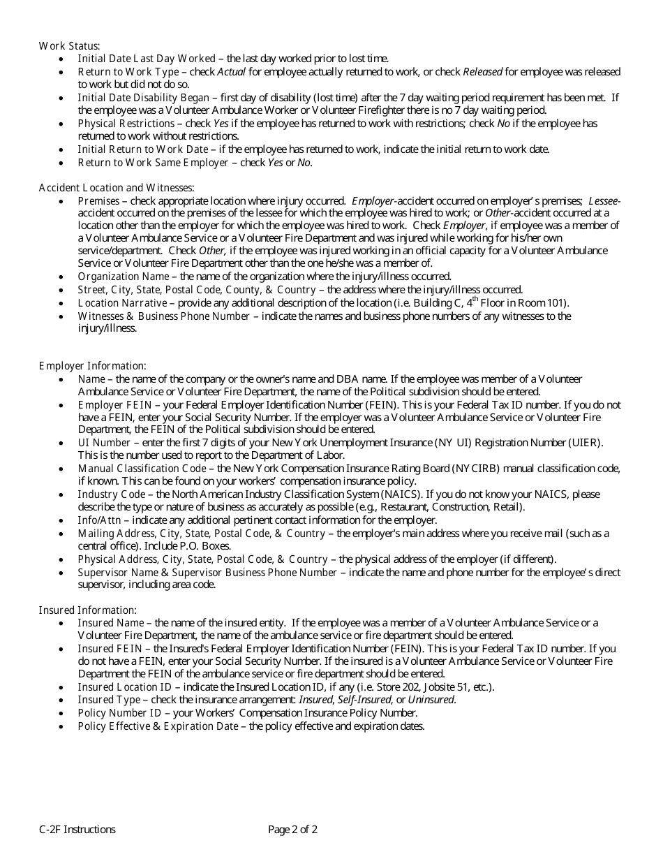 Instructions for Form C-2F Employers First Report of Work-Related Injury / Illness - New York, Page 2