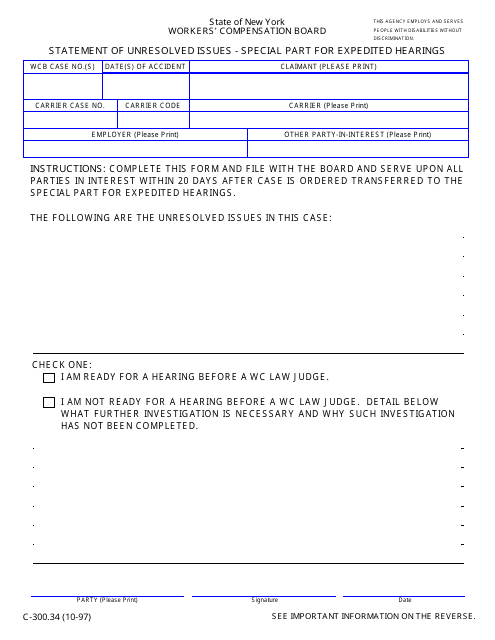 Form C-300.34 Statement of Unresolved Issues (Special Part for Expedited Hearings) - New York