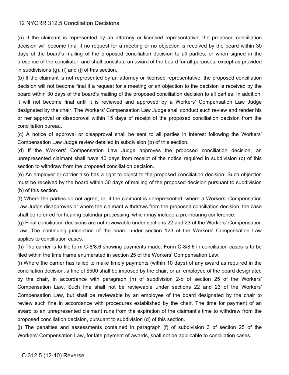 Form C-312.5 Agreed Upon Findings and Awards for Proposed Conciliation Decision (Represented Claimants Only) - New York, Page 2