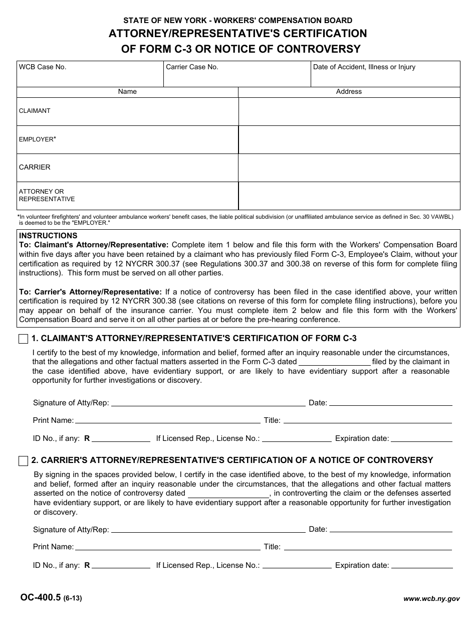 Form OC-400.5 Attorney / Representatives Certification of Form C-3 or Notice of Controversy - New York, Page 1