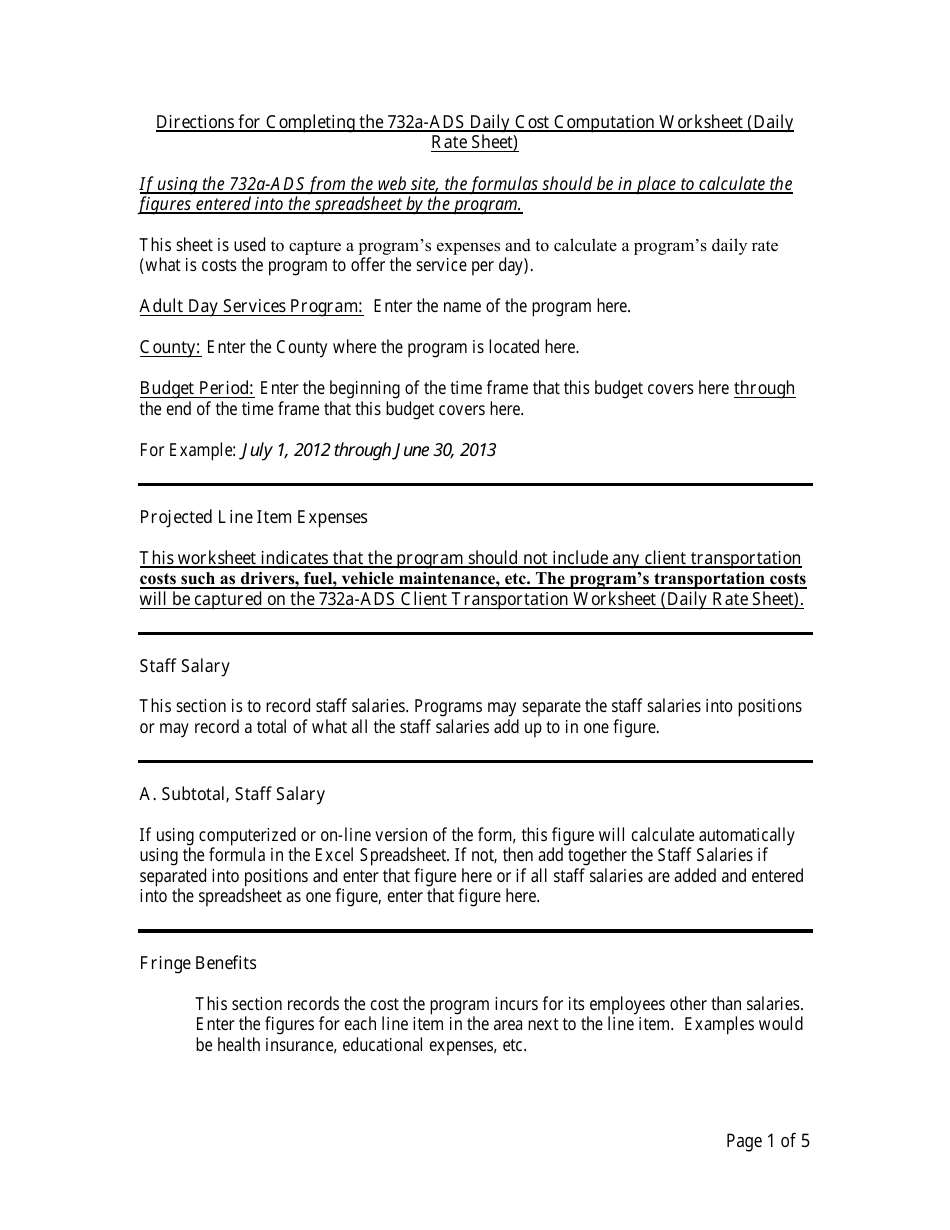 Instructions for Form 732A Adult Day Services Daily Cost Computation Worksheet - North Carolina, Page 1