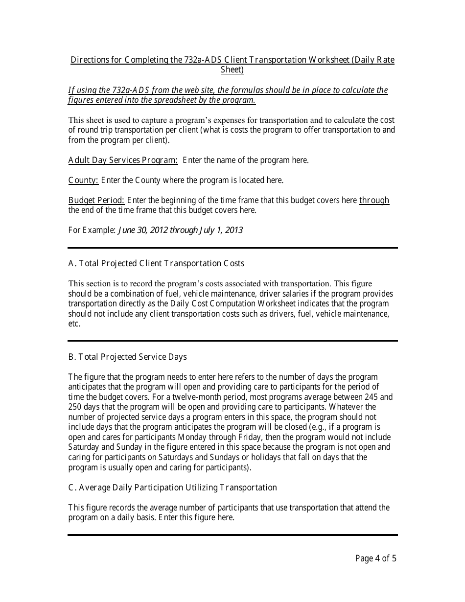 Instructions for Form 732A Adult Day Services Daily Cost Computation Worksheet - North Carolina, Page 4
