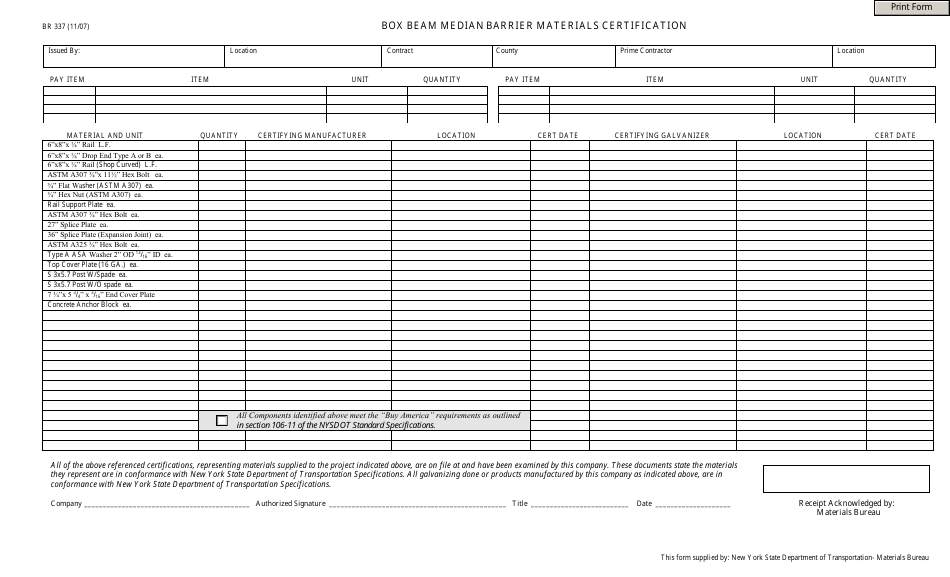 Form BR337 Box Beam Median Barrier Materials Certification - New York, Page 1