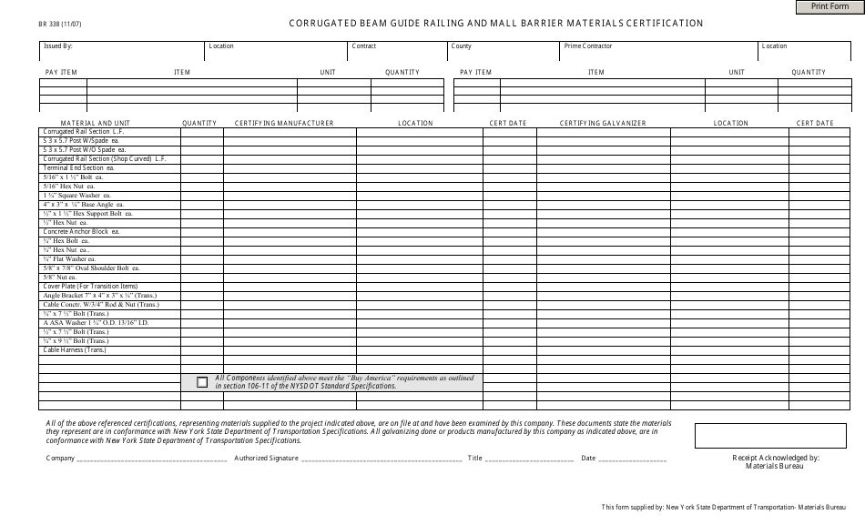 Form BR338 Corrugated Beam Guide Railing and Mall Barrier Materials Certification - New York, Page 1