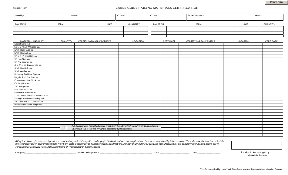 Form BR339 Cable Guide Railing Materials Certification - New York, Page 1