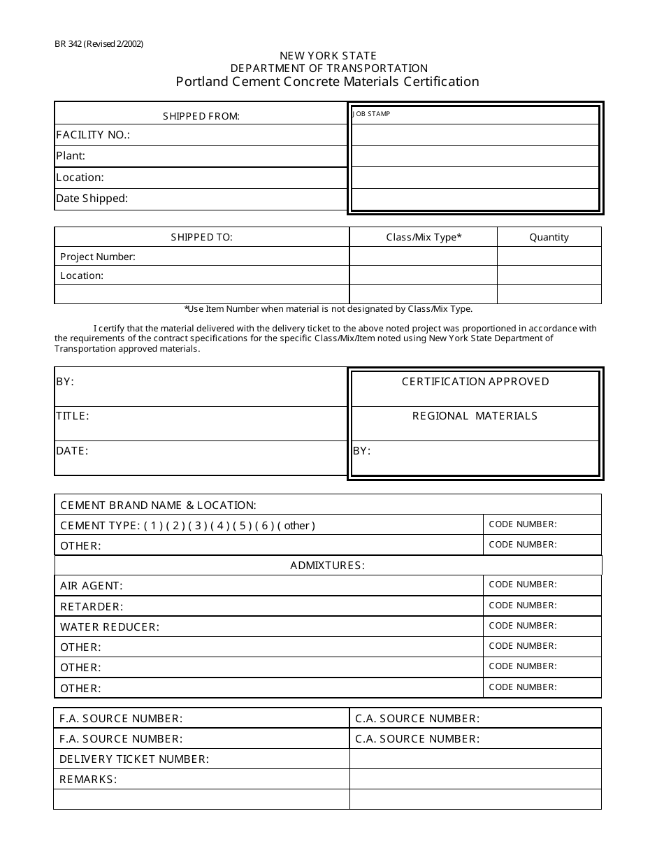 Form BR342 Portland Cement Concrete Materials Certification - New York, Page 1