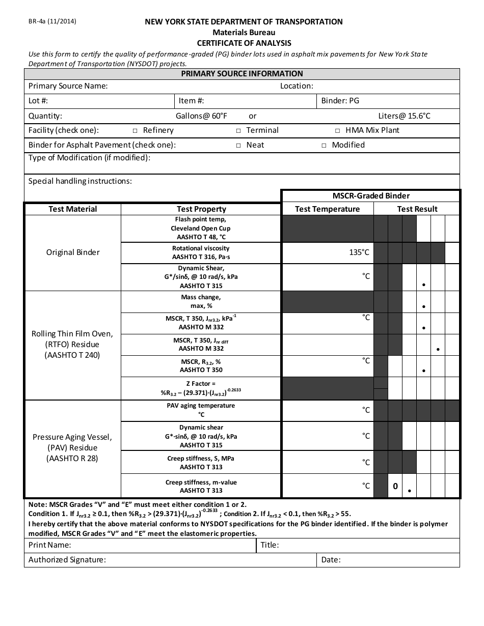Form BR-4A Certificate of Analysis - New York, Page 1