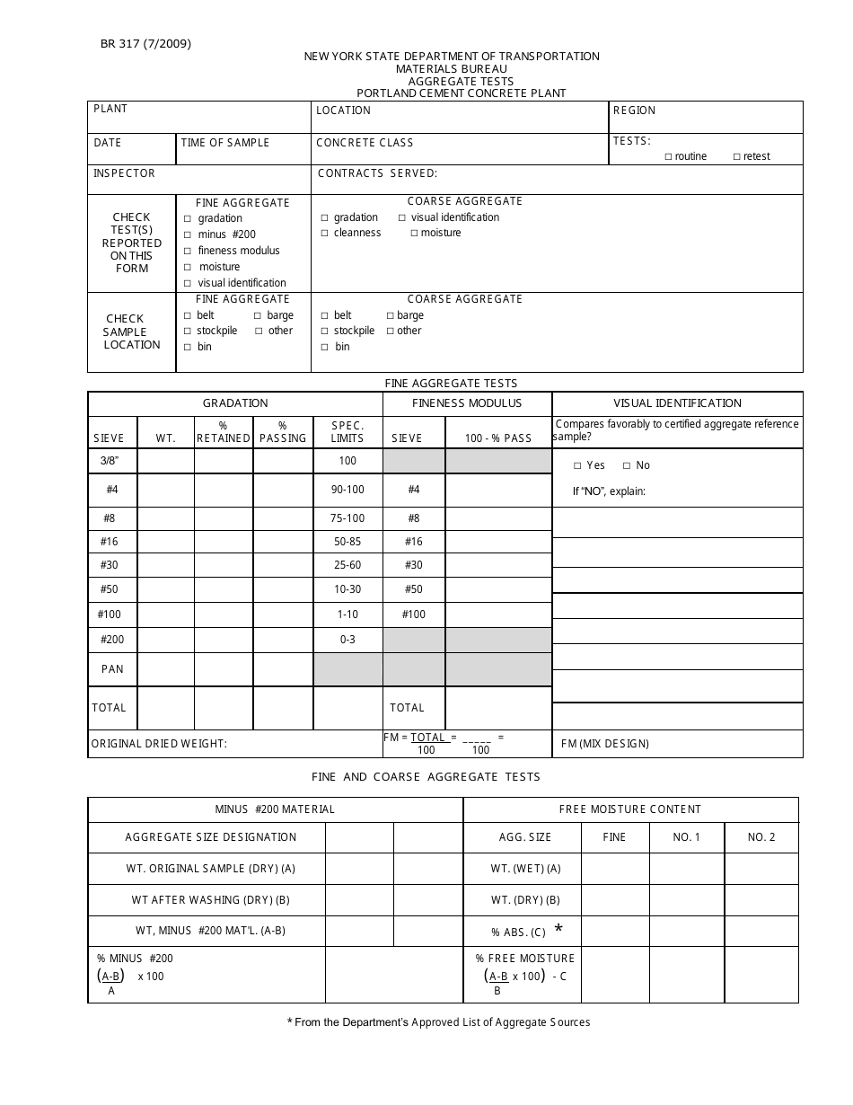 Form BR317 Aggregate Tests for Portland Cement Concrete Plant - New York, Page 1