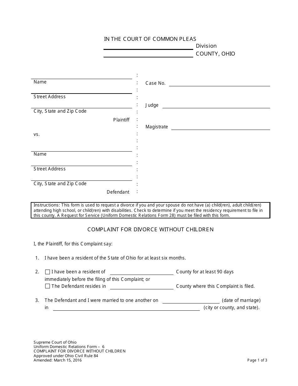 Form 6 Complaint for Divorce Without Children - Ohio, Page 1