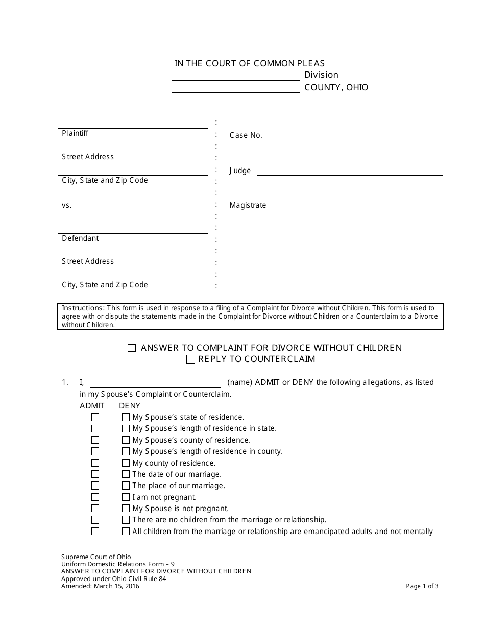 Form 9 Download Fillable Pdf Or Fill Online Answer To Complaint For Divorce Without Children Ohio Templateroller