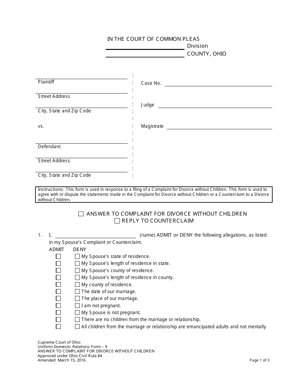 Form 9 Answer to Complaint for Divorce Without Children - Ohio, Page 1