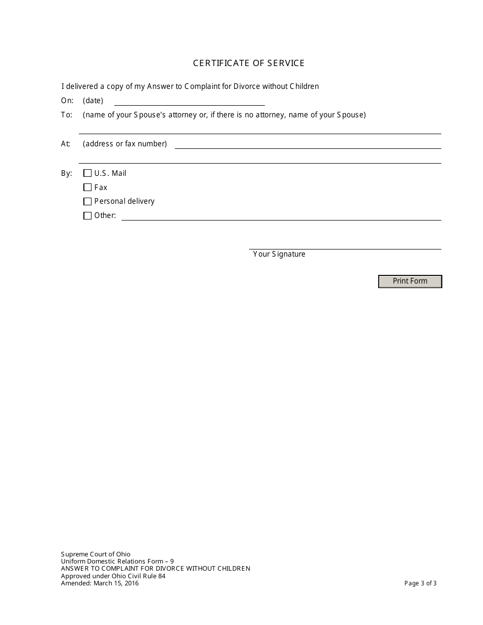 Form 9 Answer to Complaint for Divorce Without Children - Ohio, Page 3