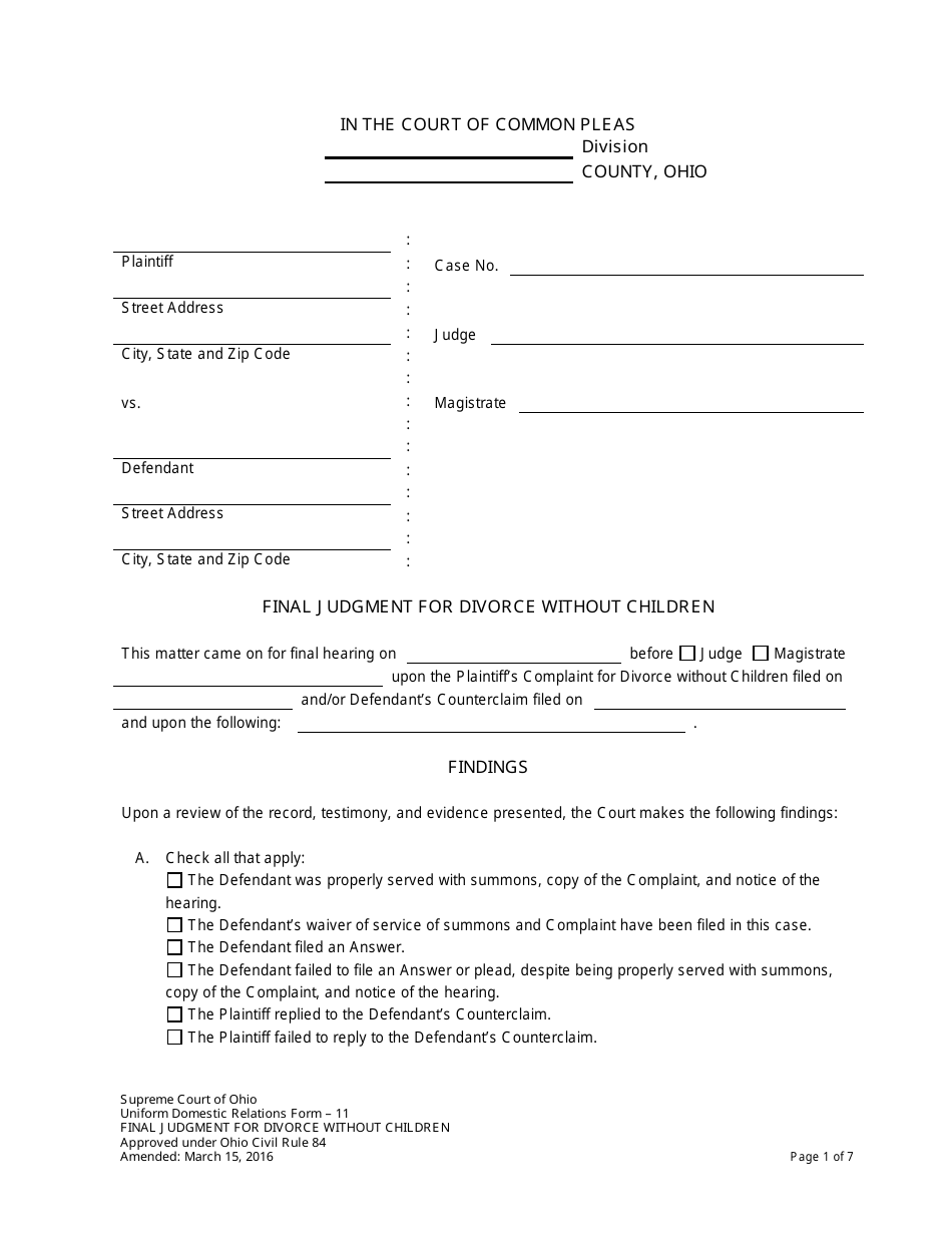 form 11 download fillable pdf or fill online final judgment for divorce without children ohio templateroller