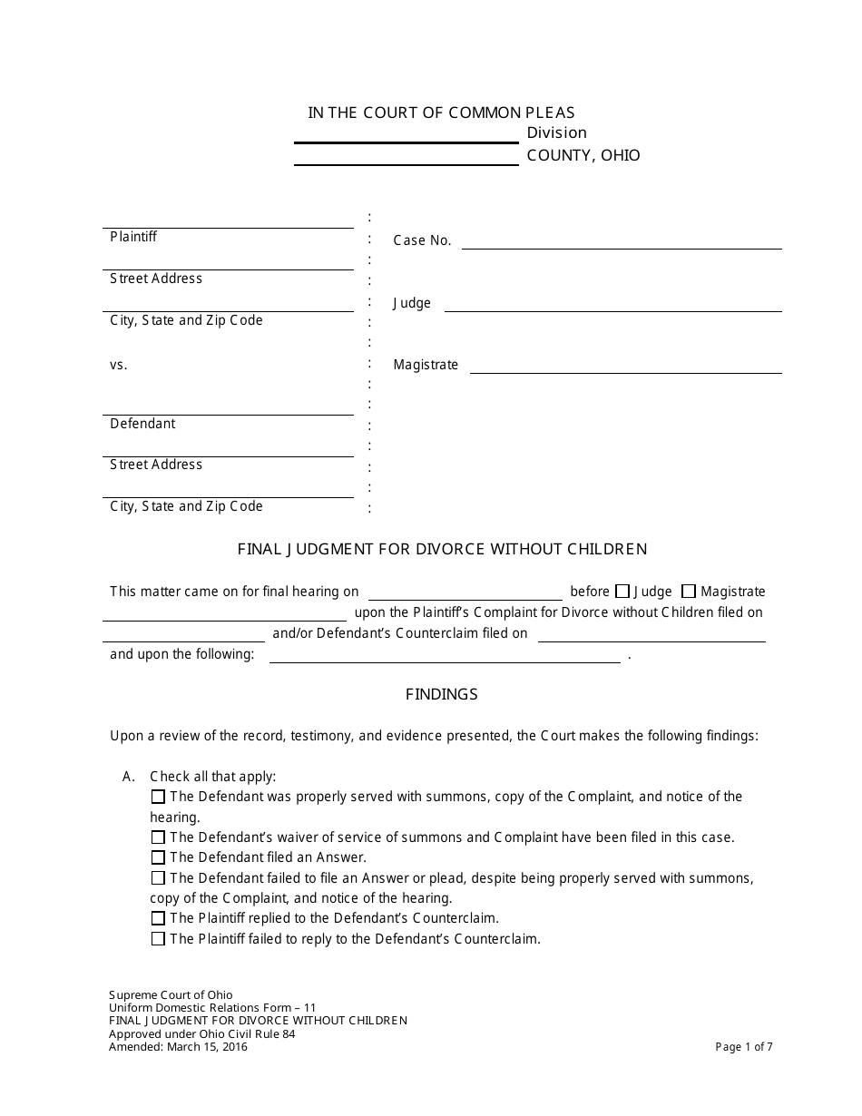 Form 11 Final Judgment for Divorce Without Children - Ohio, Page 1