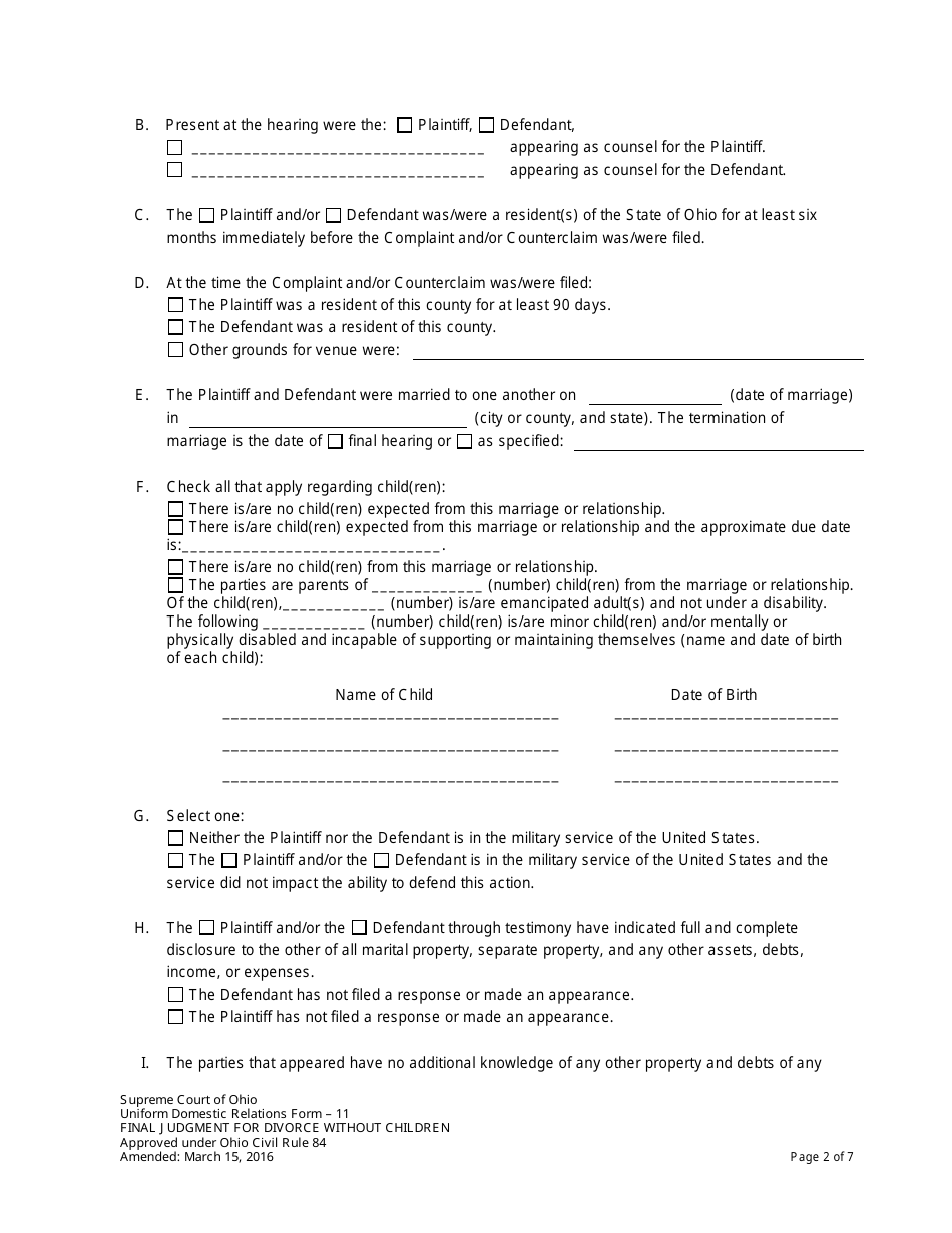 Form 11 Final Judgment for Divorce Without Children - Ohio, Page 2