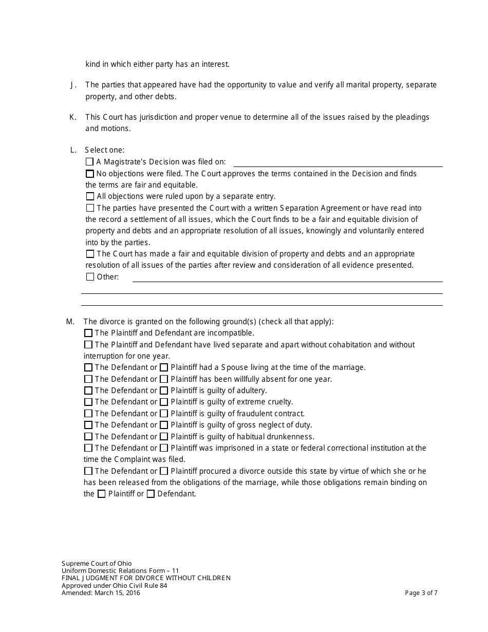 Form 11 Final Judgment for Divorce Without Children - Ohio, Page 3