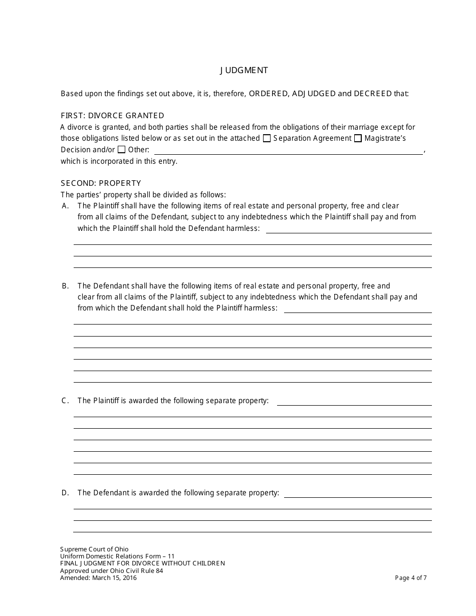 Form 11 Final Judgment for Divorce Without Children - Ohio, Page 4