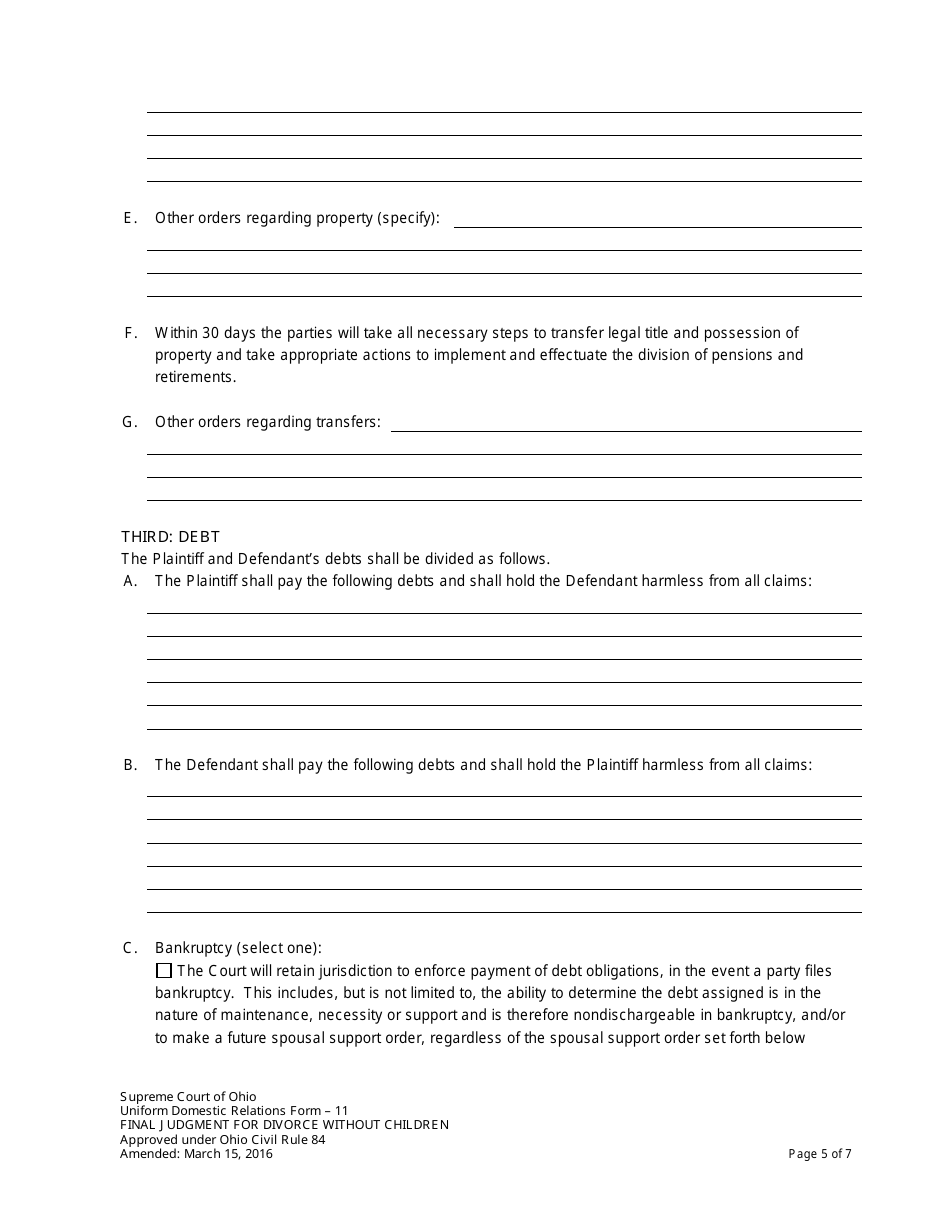 Form 11 Final Judgment for Divorce Without Children - Ohio, Page 5