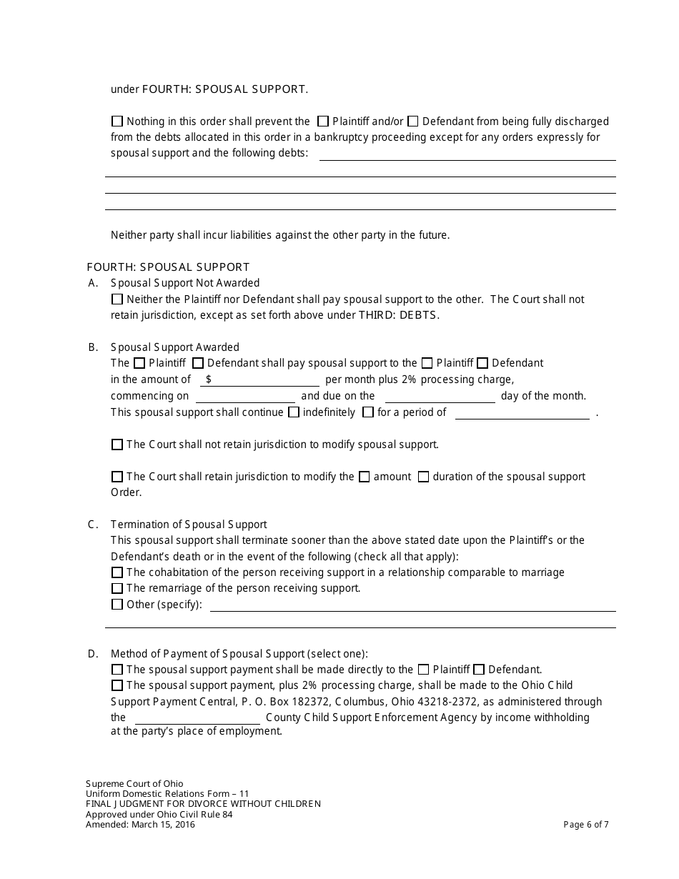 Form 11 Final Judgment for Divorce Without Children - Ohio, Page 6