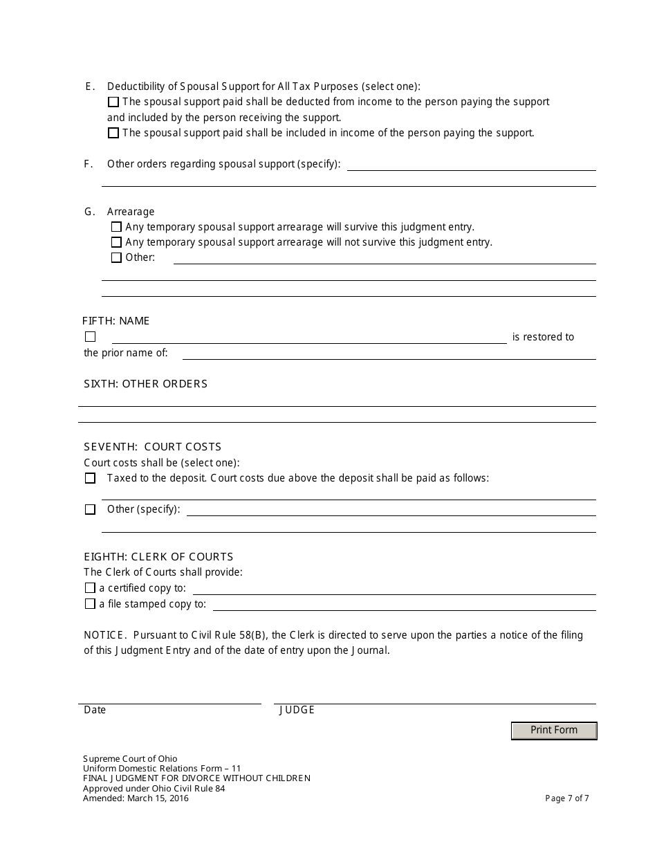Form 11 Final Judgment for Divorce Without Children - Ohio, Page 7
