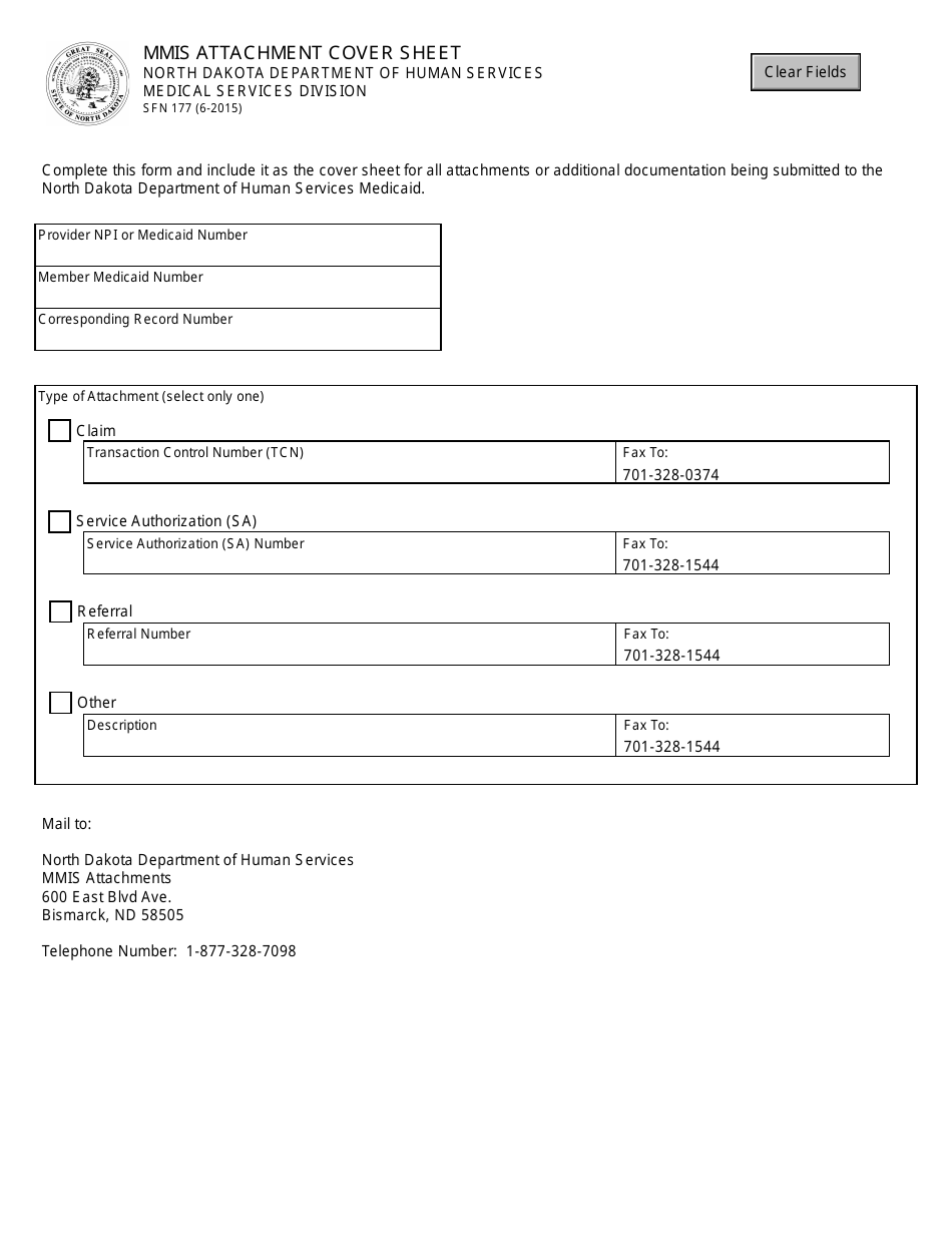 Form SFN177 Mmis Attachment Cover Sheet - North Dakota, Page 1