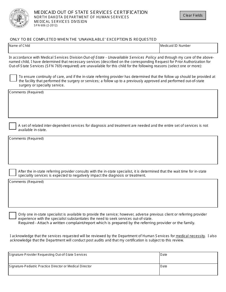 Form SFN606 Medicaid out of State Services Certification - North Dakota, Page 1