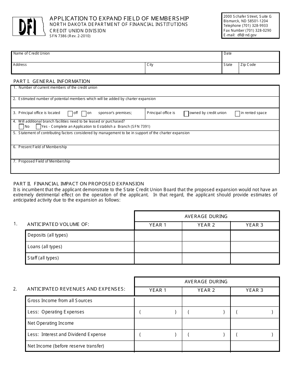 Form SFN7386 Application to Expand Field of Membership - North Dakota, Page 1