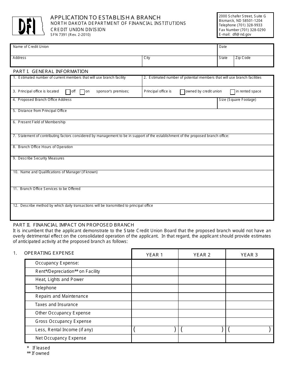 Form SFN7391 Application to Establish a Branch - North Dakota, Page 1