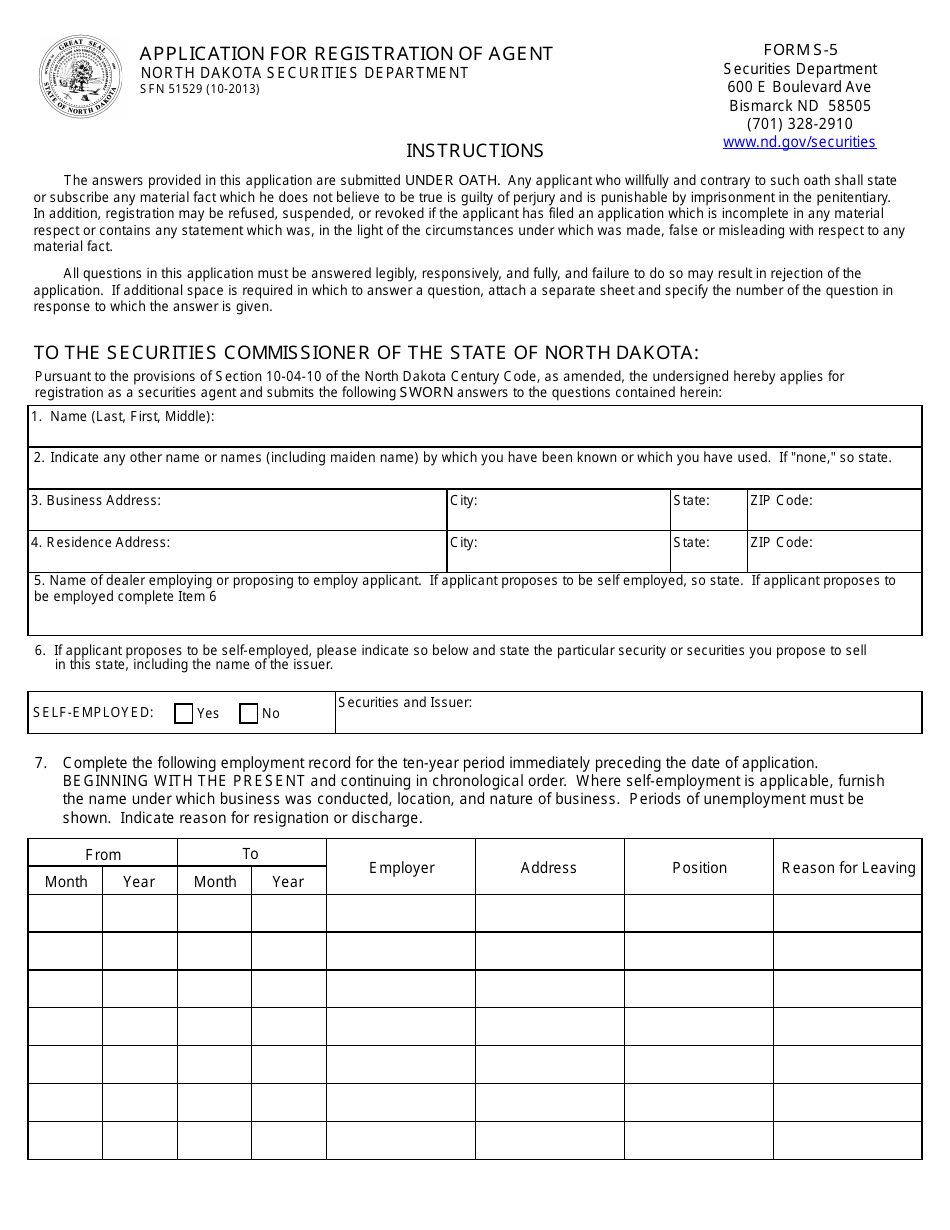 Form SFN51529 (S-5) Application for Registration of Agent - North Dakota, Page 1