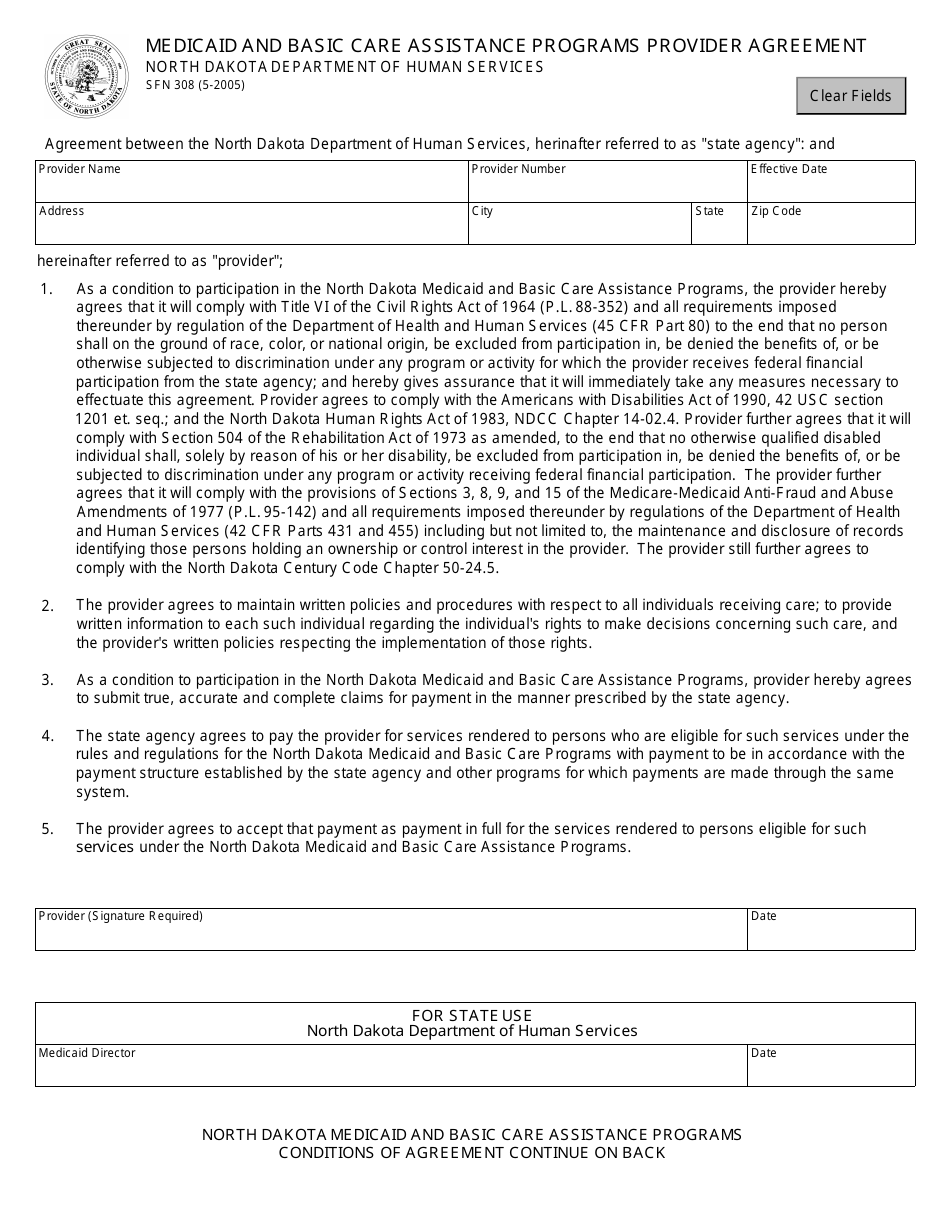 Form SFN308 Medicaid and Basic Care Assistance Programs Provider Agreement - North Dakota, Page 1