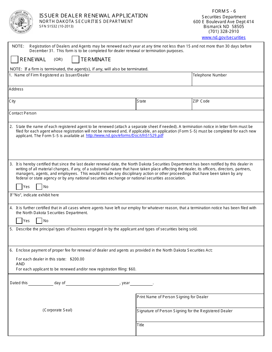 Form SFN51532 (S-6) Download Fillable PDF or Fill Online Issuer Dealer ...