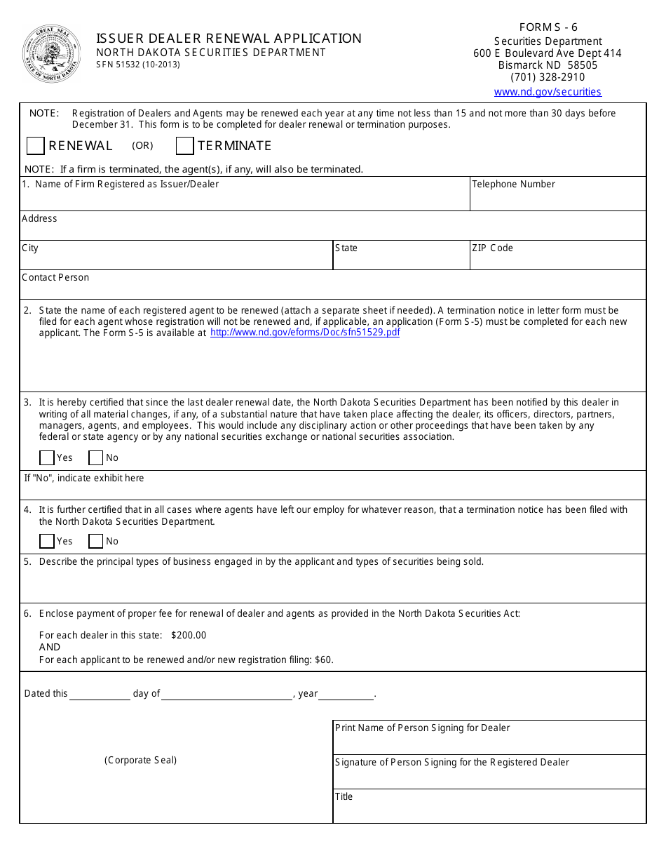 Form SFN51532 (S-6) Issuer Dealer Renewal Application - North Dakota, Page 1