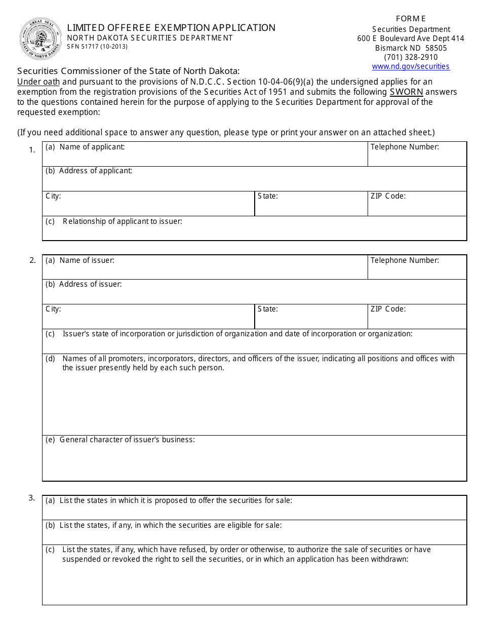 Form SFN51717 (E) Limited Offeree Exemption Application - North Dakota, Page 1
