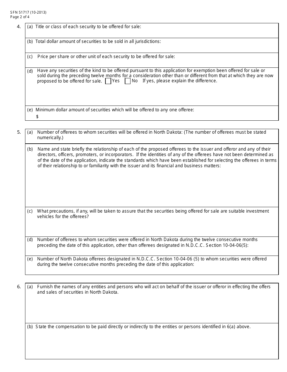Form SFN51717 (E) Limited Offeree Exemption Application - North Dakota, Page 2