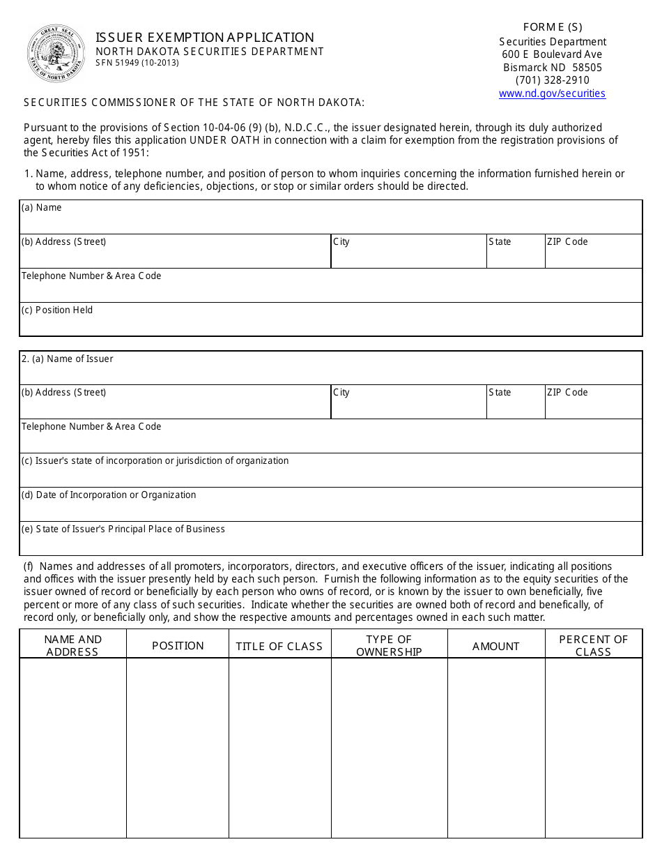 Form SFN51949 (E (S)) Issuer Exemption Application - North Dakota, Page 1