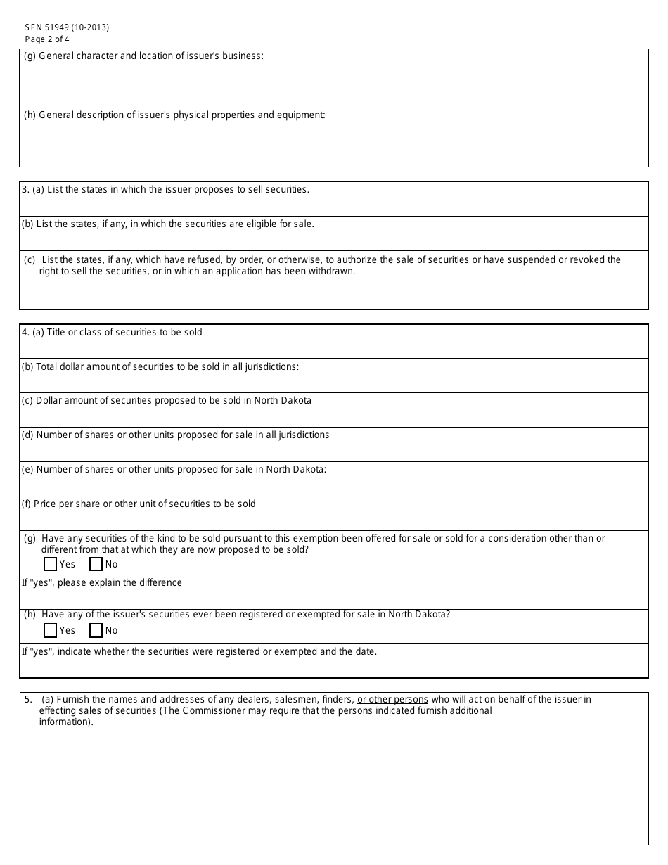 Form SFN51949 (E (S)) Issuer Exemption Application - North Dakota, Page 2